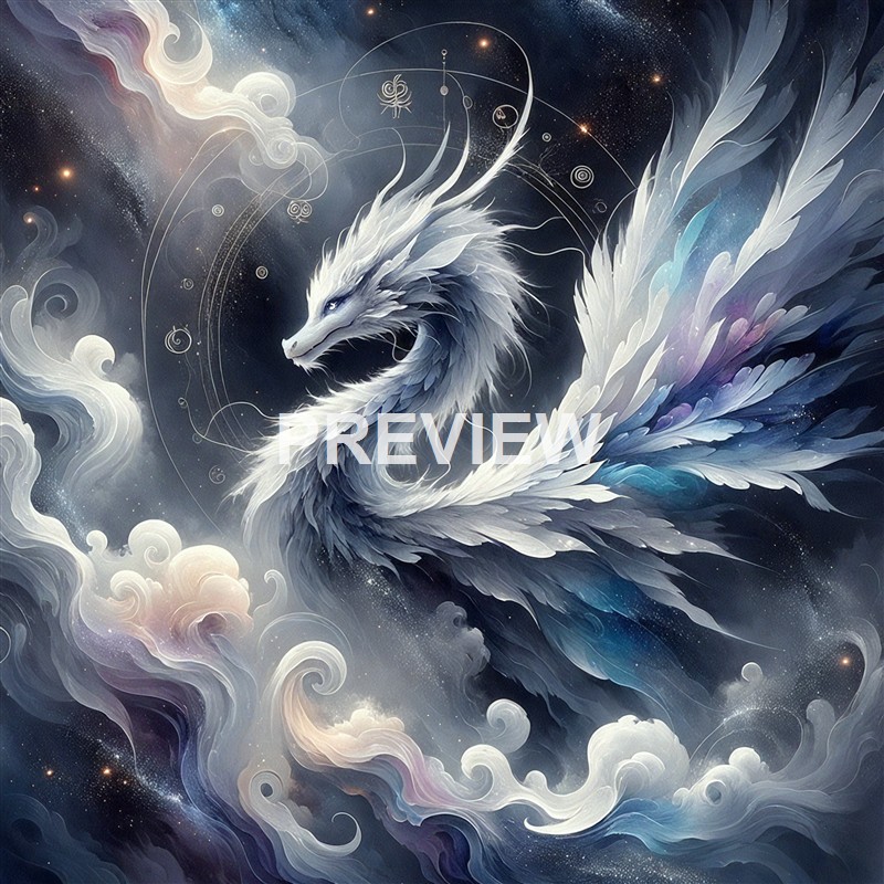 A majestic, mythical white dragon with intricate feather-like scales and luminous accents, soaring through a cosmic, cloud-filled sky with swirling patterns and starry background.